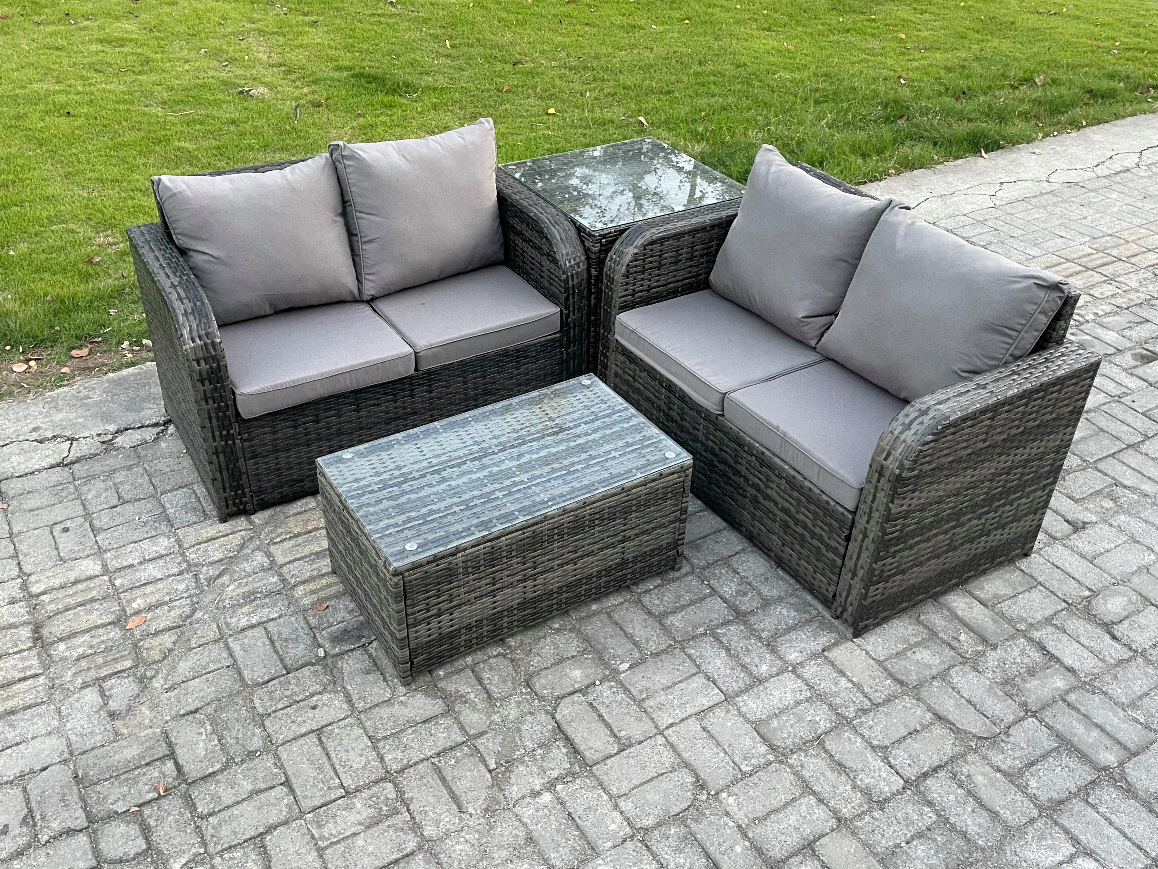 Outdoor Lounge Sofa Set Rattan Garden Furniture Set with Rectangular Coffee Table Side Table Dark Gr